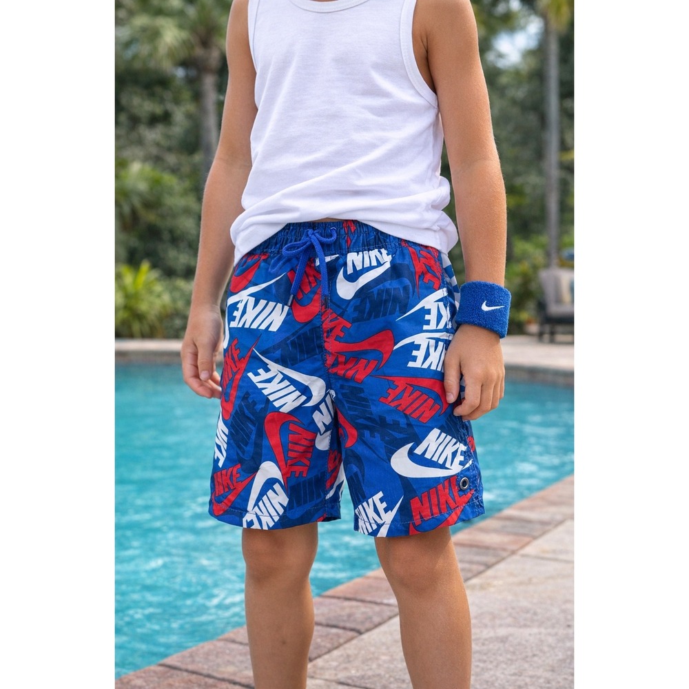 Nike Boys Blue Red White Logo Print Swim Trunks Board Shorts Size S Small